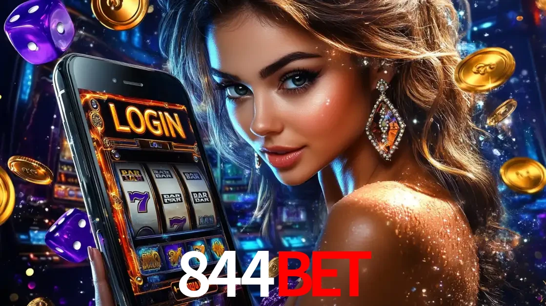 Mulher glamorosa segurando um smartphone com a tela de login para os jogos de caça-níqueis do cassino online 844bet, com moedas de ouro e dados ao redor.