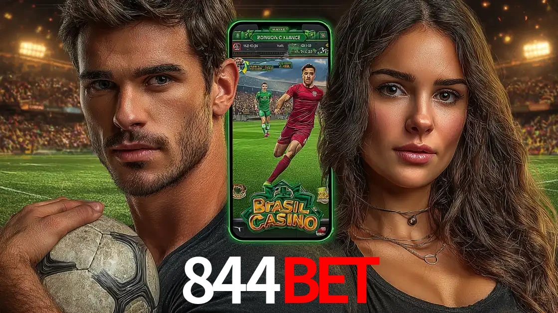 Homem segurando uma bola de futebol e uma mulher ao lado de um smartphone exibindo o jogo de apostas esportivas da 844bet. Faça seu palpite no cassino online.